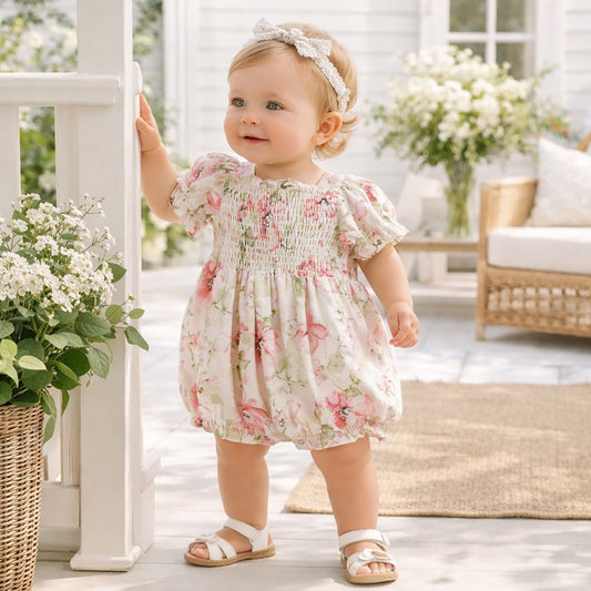 Blush Bouquet Smocked Bodice Puff Sleeve Baby Girl Romper
